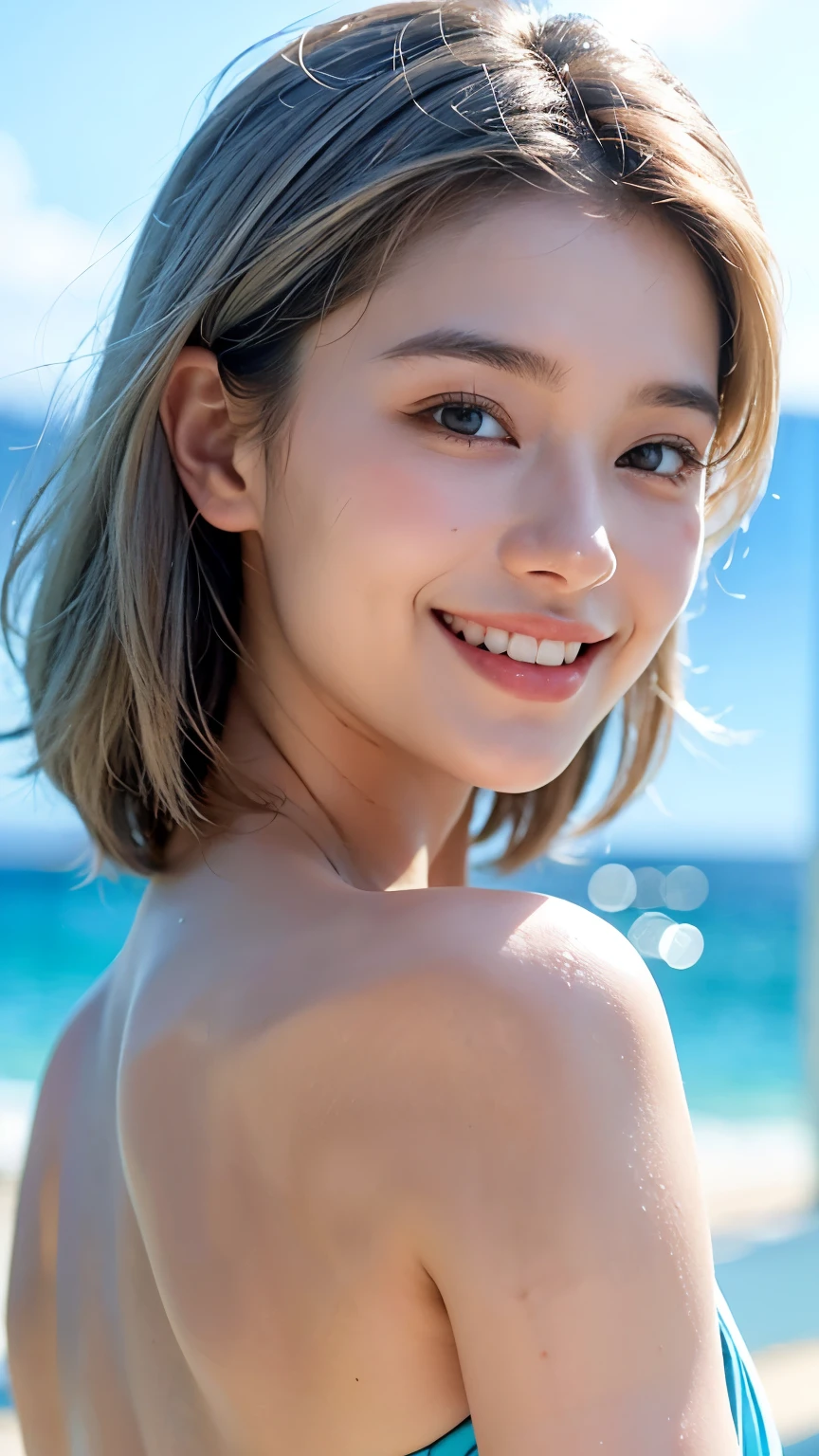 Tabletop, Highest quality, shape, Very detailed, In detail, High resolution, 8k wallpaper, Perfect dynamic composition, Beautiful details,Beautiful platinum blonde French braid hair,Huge breasts, Natural color lip, Bold sexy pose,smile,20-year-old female、cute、sexy shot looking at camera,crack,Close-up face,Beach、Fluorescent Bikini、