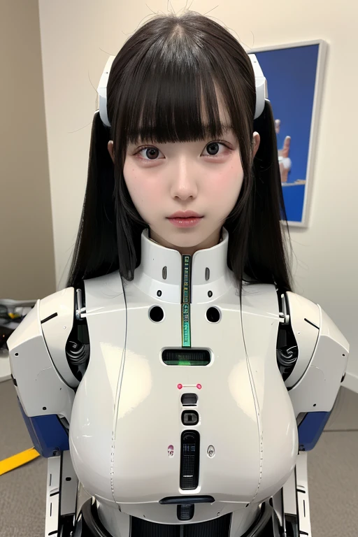 masterpiece, best quality, extremely detailed,portrait,front view,Japaese android girl,Plump, control panels,android,Droid,Mechanical Hand, Robot arms and legs,Blunt bangs,long tube,thick cable connected her neck