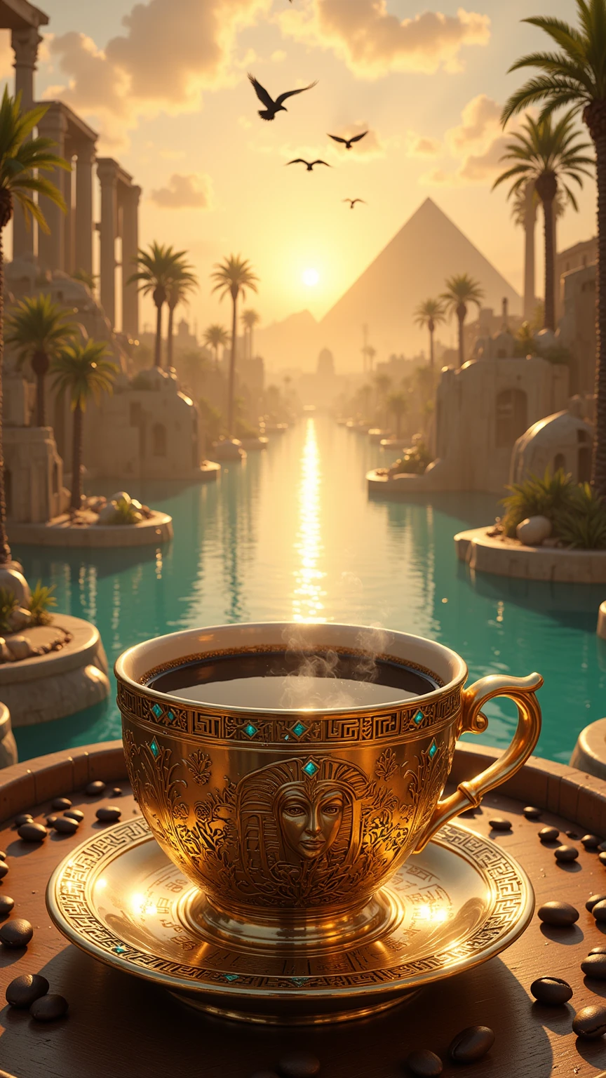 Realistic illustration for advertising , , 1 very short and low coffee cup made of polished gold ,  In the center of the coffee mug, the three-dimensional Eye of Horus motif is engraved ,  The area around the eye of Horus pattern is a hieroglyphic pattern ,  The top rim of the glass is adorned with luminous turquoise diamonds arranged in an orderly horizontal way. , . Inside the coffee mug there is a glossy black hot Americano coffee cup. ,  There is coffee smoke billowing out of the coffee mug elegantly but still looking natural. ,  The view of the image clearly shows the hot Americano coffee water inside the coffee cup , The coffee cup holder ear is on the right hand , A coffee mug is placed on a coffee coaster made of polished gold , The coffee saucer engraved with the heroic motif ,  The mortuary area around the coffee cup contains complete coffee beans. Placed together naturally inside the coffee saucer ,  of the surrounding area. The coffee saucer contains a large number of complete coffee beans placed together naturally on the street floor. ,  The coffee mug and coffee saucer are located on top. Ancient Egyptian stone road in the lower center position of the image ,  The ancient Egyptian stone road is a very high bridge that extends down from the central position of the background.,  The background is the great Pyramid of Giza, mixed with A variety of Roman columns and a harmoniously ornate Babylonian floating garden,  The sides of the road on both the left and right sides of the road have a bright turquoise river ,  Within the river on both the left and right sides of the road, there are rocks lined naturally. , . On the banks of the river, on both the left and right sides of the road, there are large palm trees lined up to the background of the image. , , the details of the architecture behind can be seen in detail and clearly through the perspective seen from the front. , . In the sky, a huge morning sun rose that is shining brightly to all corners of the image. , . The atmosphere of the picture is covered with a warm and soft morning golden light. ,  In the sky there are bright morning clouds , In the sky there are many flying birds 