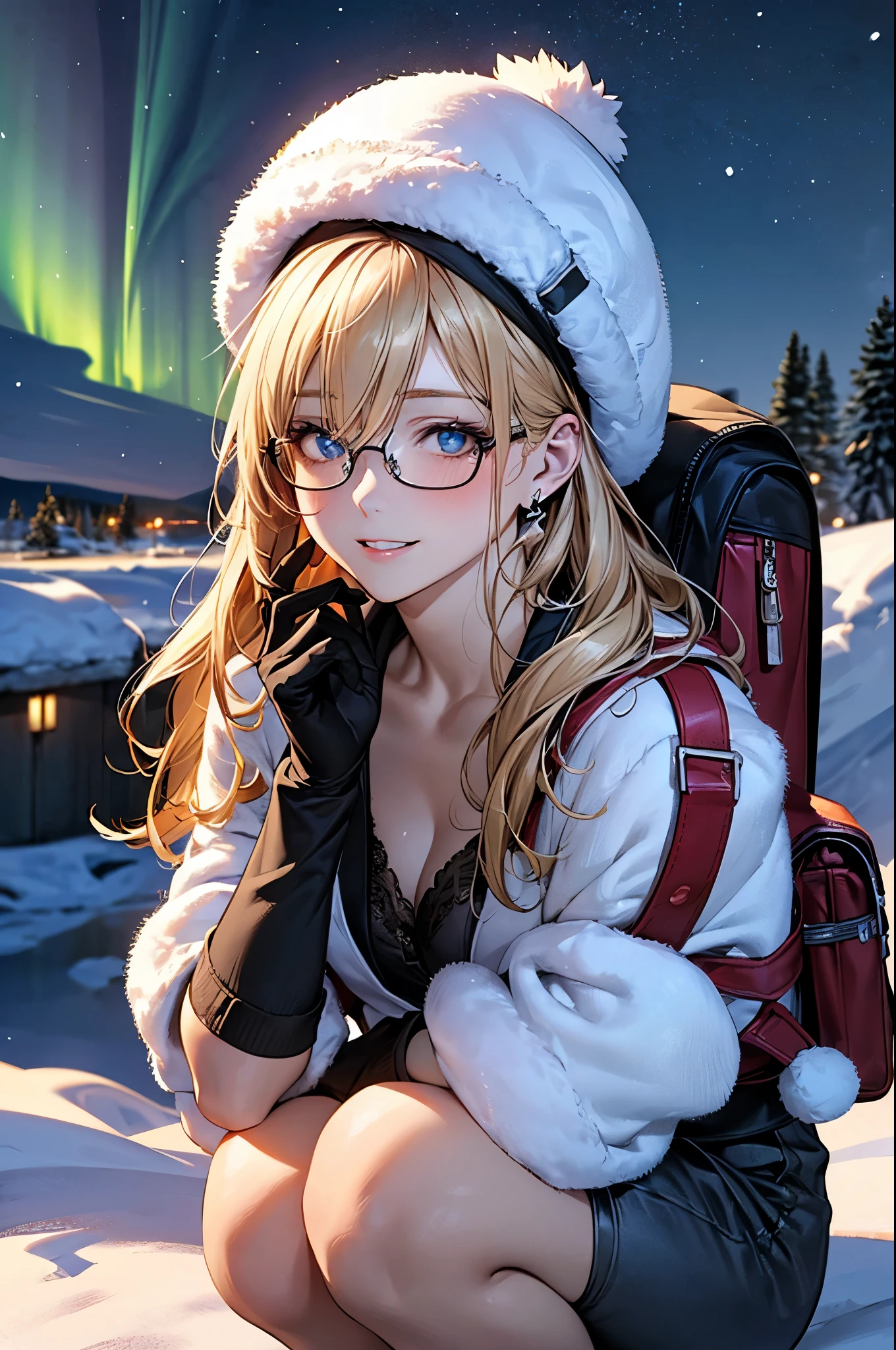 red hairs、hime-cut、poneyTail、Golden Eyes、eye glasses、ssmile、-yead gir can see very small breasts、Thin pubic hair、open black coat、bending forward、snow mountains、low angles