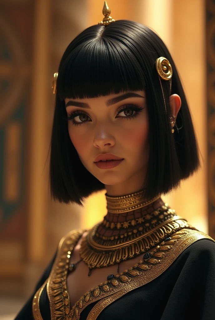 an araffa woman with black hair and a golden collar with a blue stone, Cleopatra portrait, beautiful Cleopatra, Cleopatra, Egyptian princess, Egyptian, black emma watson as Egyptian, Egyptian makeup, Egyptian макияж, portrait of Cleopatra, wig, shoulder length black hair, shoulder length black hair, wears a Egyptian ankh necklace, Ancient Princess Libu, wearing an Egyptian crown