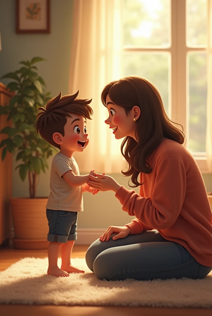 Timmy’s Mom Explaining: "A woman with a warm smile, speaking to a young boy in a messy room, explaining the benefits of keeping it tidy."