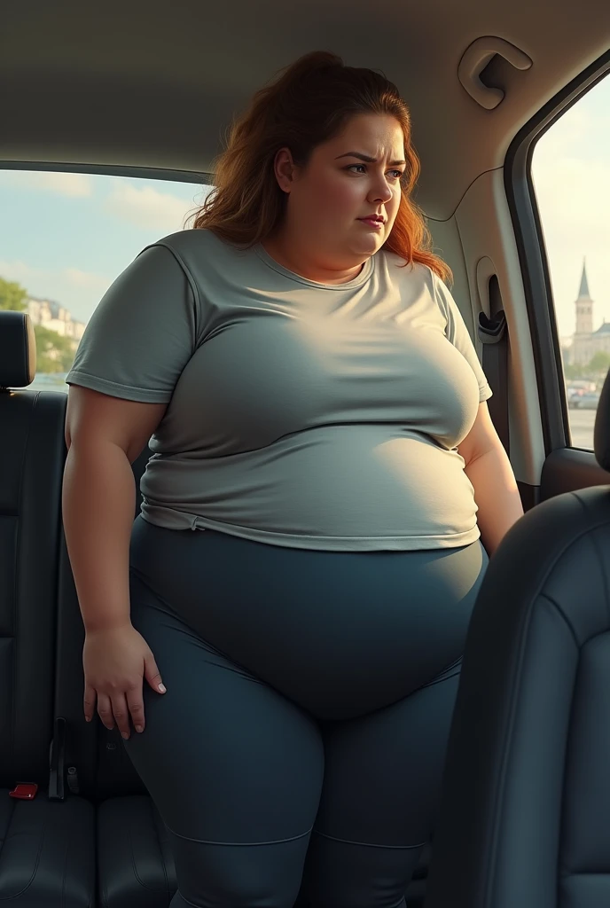 A peaceful car-travelling photo of a young redhead ssbbw with long ginger hair, very soft fat belly, very obese legs, thick fat wide legs and fat arms, huge wide butt, cute pretty face, fat breasts, in comfortable clothes, gray pants and red T-shirt laying in a car seat