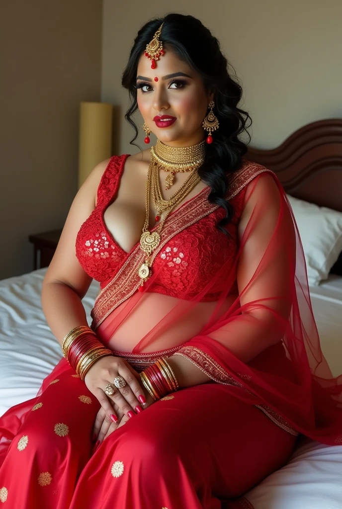 Indian beautiful woman sexy bhabhi, Sindoor aka Vermilion mark in middle partition of hairs,middle parting ornament in hairs,Golden long necklace,Sleeveless blouse,very deep cleavage,curvy plus size model wearing transparent red embroidered color saree,red nail polish,red satin glossy sleeveless bikini blouse, plenty red bangles in hand,red dark medium bindi on fore head,Red dark lipstick, heavy bridal makeup, showing navel and midriff,facing to camera in sitting on a bed with her curvy legs,curvy plus size figure,big large m-cup breasts, deep cleavage, huge breasts, side bun hairstyle, bright eyes, thin eyebrows, fair skin, blushing cheeks, prefect ,head to thighs view, head to thigh view, bright sunlight,oily sweaty shiny detailed skin.