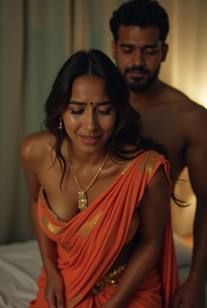 indian wife and young man having an erotic romantic sex, in their home, in the morning, in the kitchen, man behind woman, woman wearing deep neck plain color flowy sari, sari falls off shoulder revealing thin strap transparent choli and nipples, man grabbing breast from behind, nsfw, detailed home