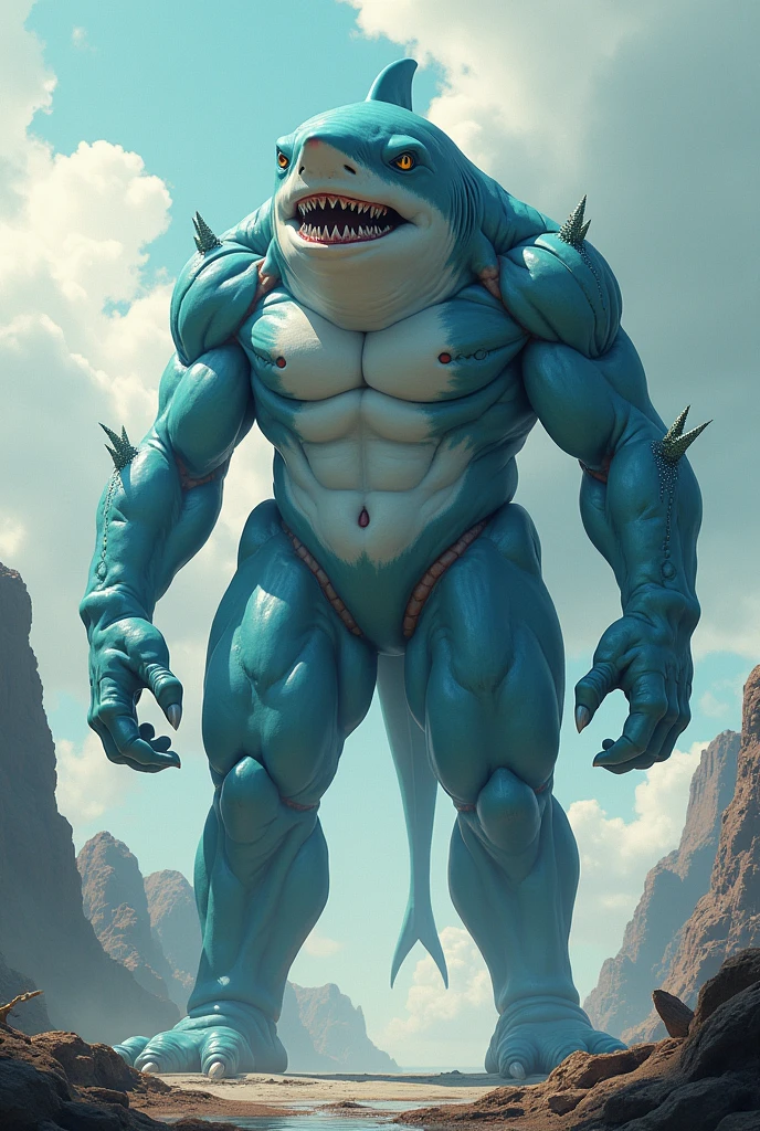 a muscular humanoid shark creature, out of the water, highly detailed, photorealistic, sharp focus, extreme detail description, professional lighting, cinematic composition, dramatic lighting, ocean background, glowing eyes, razor sharp teeth, powerful muscles, wet skin, ocean waves, sunlight shining on wet skin, cinematic angle