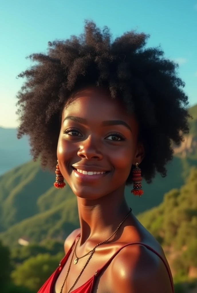 BLACK AFRICAN WOMAN, WITH AFRO HAIR, WITH LIGHT BROWN EYES, LAUGHING, ON THE EDGE OF A WATERFALL SINGING TO THE FIGURE OF MAMA OXUM IN THE WATERFALL.