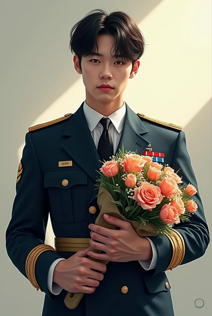 8k,（masterpiece）,Best quality,2d,Asian men,Wearing embroidered guards,Wearing military uniform,yanjun chengt,Wear a full military uniform,officer,Unified background,Wearing a general's uniform,Topless photos,Holding a big red flower,Holding a large red bouquet,Muscle Man，Handsome hairstyle，Simple background，Upper body face