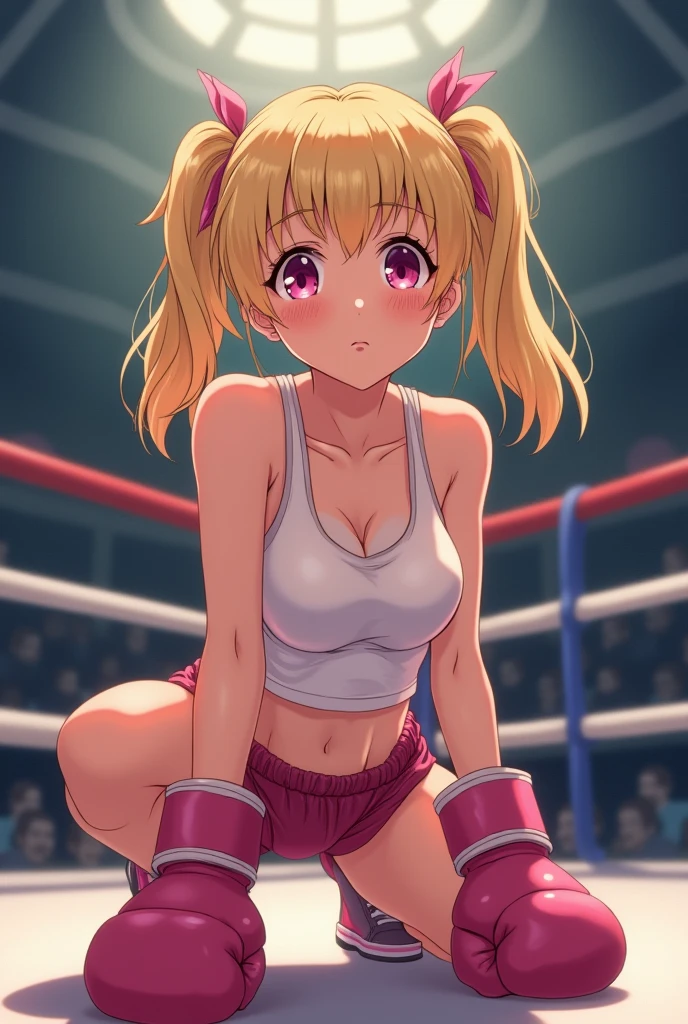 (((crawl on all fours))), ((( 1girl with blonde twin tail ))), (((Gosic pink dress))),(((Pro wrestling,Newaza))),(((Newaza ))),(((Angle from the front))),(((Sweat))),((())),(((training)))