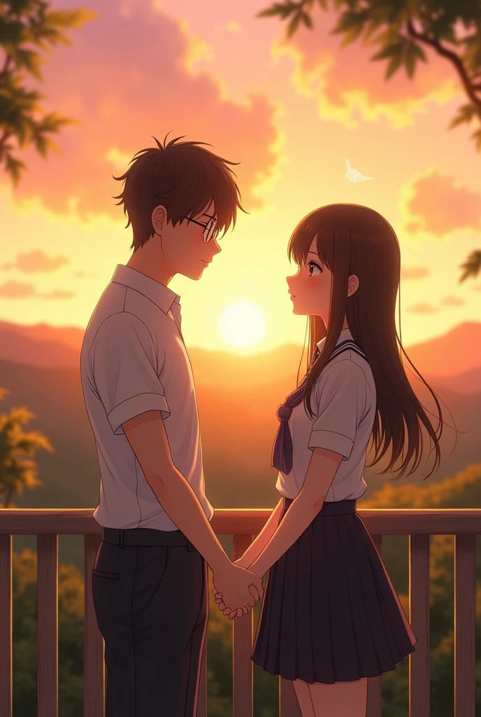 anime style.scene high quality in the school under a tree.A high school couple.A boy which taller than the girl. The boy is touch the girl head.the girl feel ashamed and introvert.the girl is long black hair and the boy is textured bowl cut. Drawing ligh more visible and details。they wear school uniform their skin whitening 