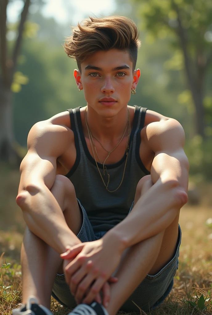 slim french twink, Skinny abs and pecs. Wearing torn jeans shorts. Sitting in a dungeon.