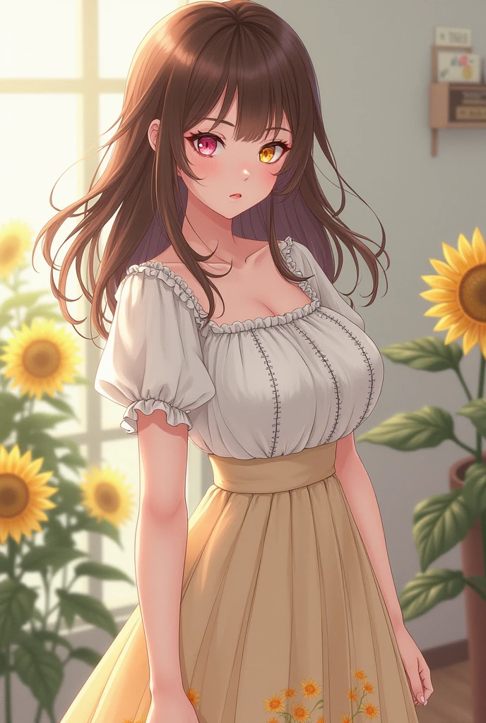 ((Mejor calidad)), ((obra maestra)), (detallado), 40-year-old housewife, vestida con ropa de girasoles