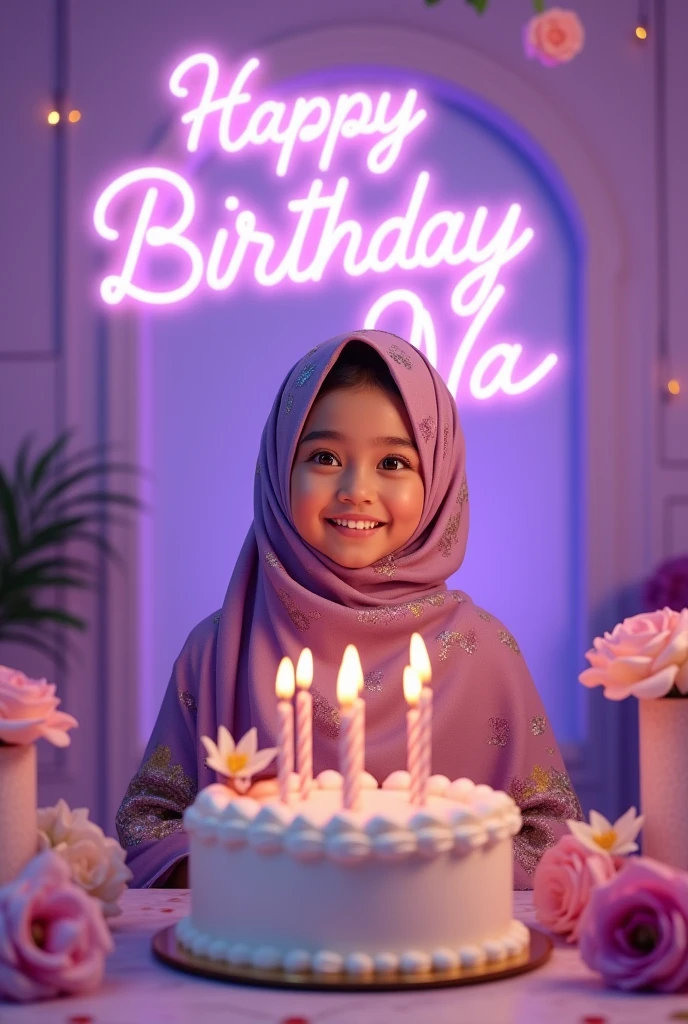 professional photography of the birthday celebration of a 30 year old Hijab woman wearing a beautiful party dress, sitting on the grass filled with balloons and birthday decorations with the number 30 and the words "Happy Birthday Diana Marsellya", there is a birthday cake that says "Happy Birthday 30th ", he is happy and smiling, indoor background with birthday decoration backdrop, long distance shot with 800mm lens, high quality photo