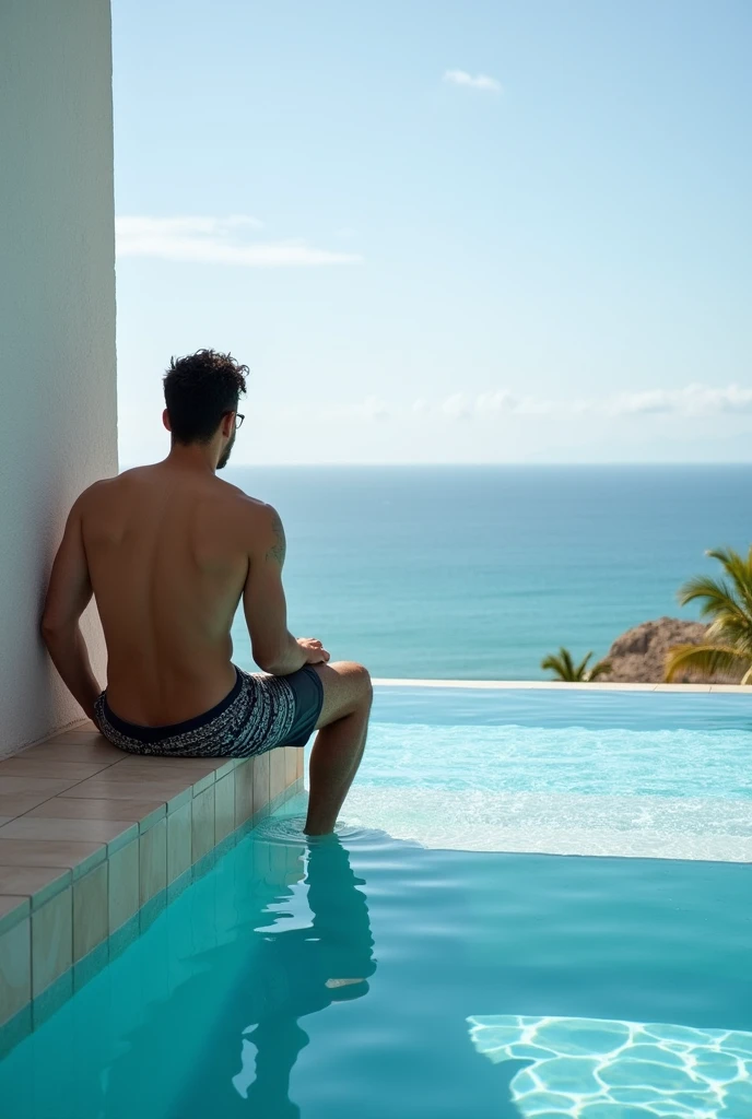 (foto selfie, from aBove:1.1), (half Body postrait:1.1), RAW uhd portrait photo of an egypt  man in a swimming pool in villa looking at sunset over the ocean, (full shot), solo, ((masterpiece)), ((best quality:1.2)), high resolution, 8k, (ultra_realistic:1.5), (photorealistic:1.4), sharp focus, highly detailed, professional lighting, photography, hdr, depth of field, film grain, 35mm, dslr shot, global illumination. in The villa is designed with luxurious surroundings, featuring expansive floor-to-ceiling windows, elegant architecture, and a stunning view of the ocean or lush greenery. gazing out at the serene landscape. The image should capture the essence of a high-end retreat, with vibrant colors, detailed reflections in the water, and warm, natural lighting that enhances the overall tranquility and luxury of the scene.
