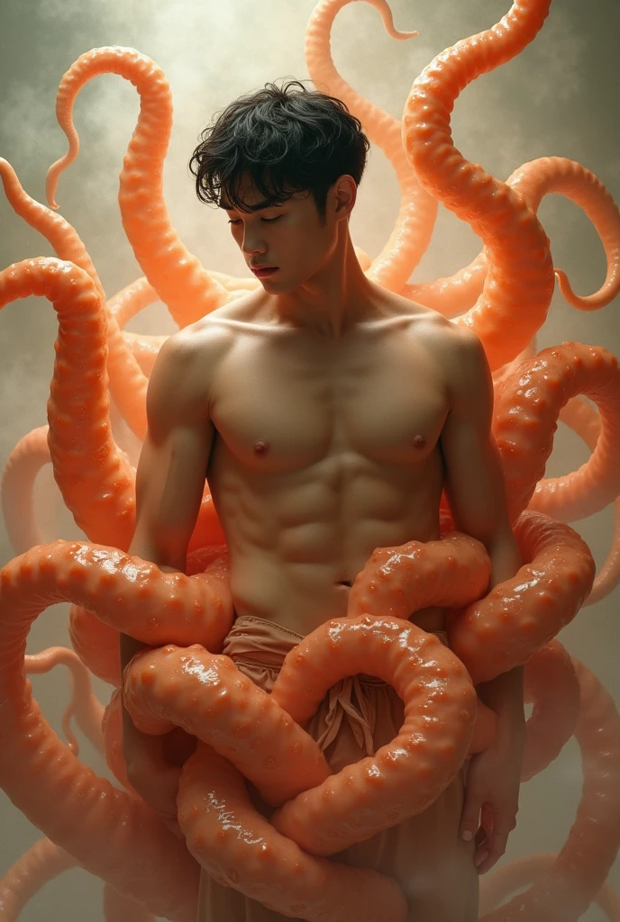 Live action, high quality, Japan boy in loose extreme micropants who is humiliated in the crotch by a group of tentacles (shirtless, hands tied, crotch protruding from pants, sexual arousal), tentacles touching inside extreme micropants, extremely large bulging crotch, tentacles sucking crotch, large white thick liquid from the crotch --auto