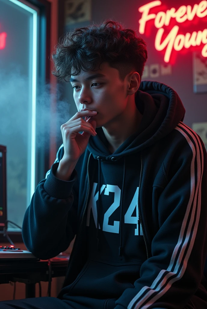 handsome japanese man wearing designer black hoodie with label "SANG PENULIS " on left part of hoodie, sitting lazy and casually, and blow smoke from his mouth and holds a burnt ciggarette. he is sitting in industrial bedroom on black leather sofa, looking at his gaming pc. realistic, hdr, uhd, 8k    Sitting on a plastic chair and leaning back, exhaling smoke from his mouth, smoking casually, also giving a smoke effect. White painted wall background. Hyper Realistic. 