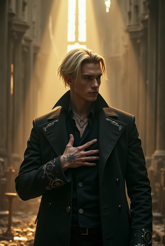 A photorealistic image implies the meaning of breaking all the boundaries. The character is a short blond hair well-built handsome vampire king, dressed in undone black robe. The night majesty.