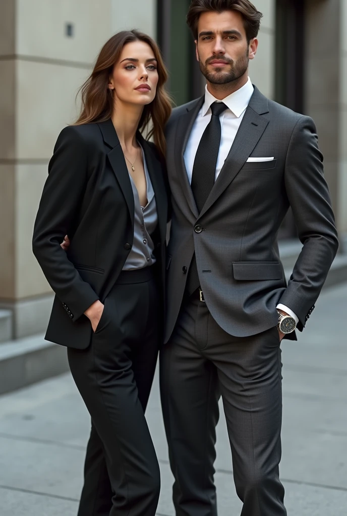 I wanted a fanart of a young beautiful woman from a 1,60 tall, medium straight and dark brown hair, Caucasian skin, wear glasses, because your vision is bad, a little confused, but efficient, brown dark eyes, casual and modern style. And an imposing and attractive young CEO of a 1,85 tall, straight black hair, well cut and tidy, dark piercing eyes, cold and imposing, athletic and well-maintained body, classic and modern formal style, always in a suit, dark and tanned. a couple in love.
