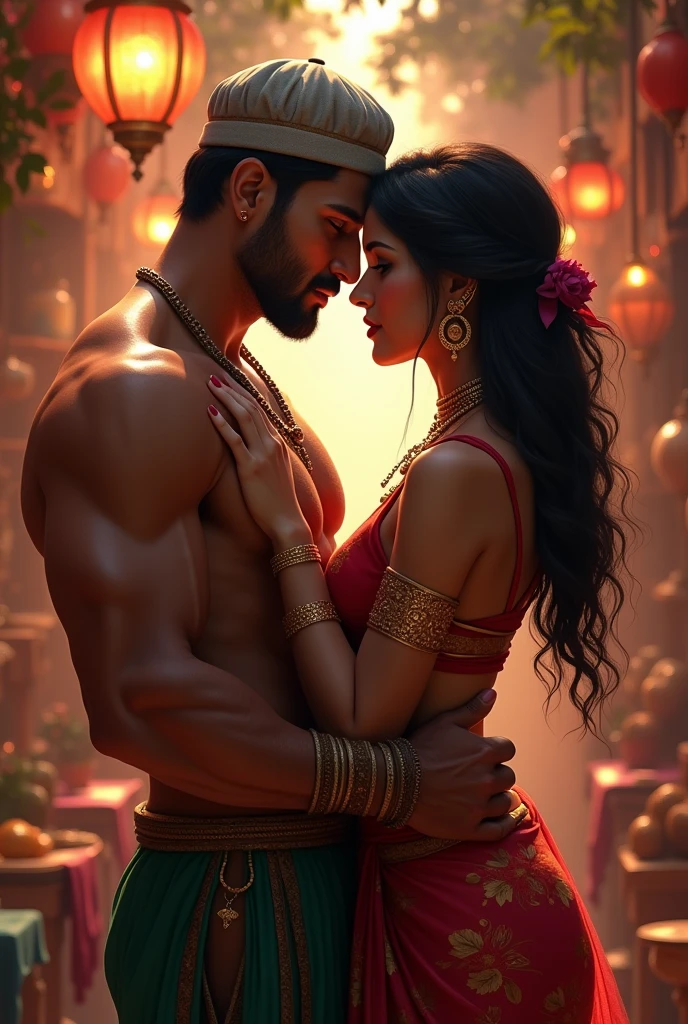 A masculine indian man with white skin having beard loving a dark skinned indian woman wearing a red saree at night