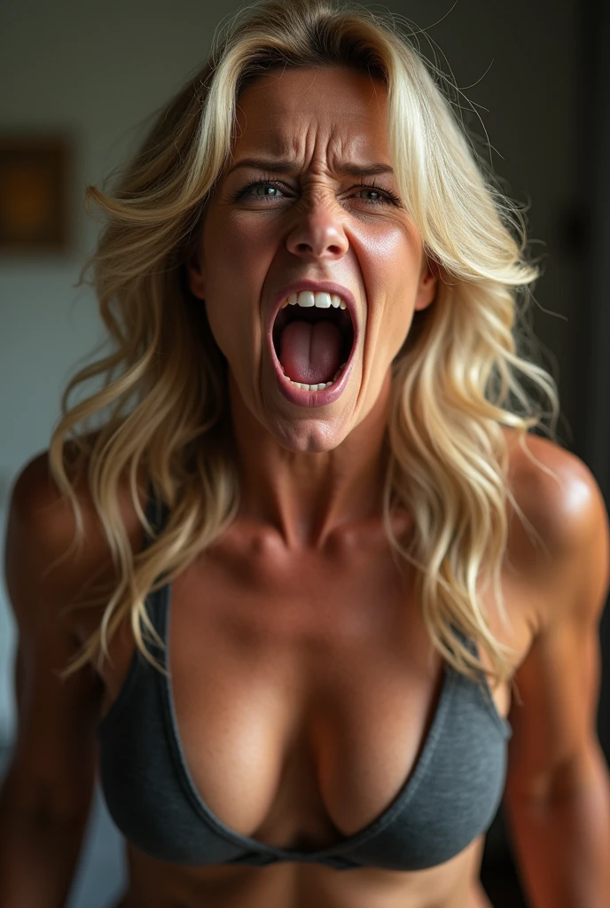 Beautiful blonde woman 40 years old with big breasts in a dress with a big neckline screams angry holds her head with her hands