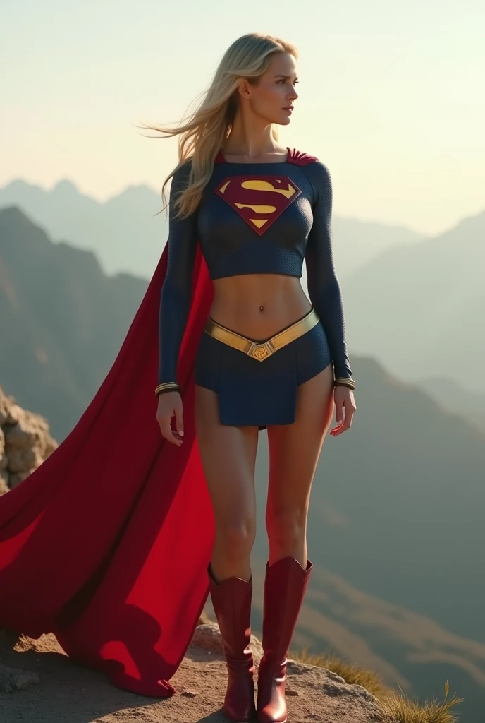 1 girl, 19 years old, supergirl, blonde hair, swedish, windy hair, extremely short low rise red microminiskirt fluttering in wind, windy upskirt, ass, thong, blue crop top, looking over shoulder, smiling, (view from below:1.3), (view from behind:1.2), floating in sky, heroic pose, sky background, hdr, 8k, dslr, raw photography, soft lighting, sharp focus, realistic skin texture, <lora:WindyUpskirt:0.5>