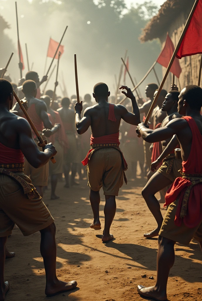 1400 a.c; (masterpiece, best quality) destroyed african village (Mozambique); Zulu warriors fighting great battle;  roses on the floor