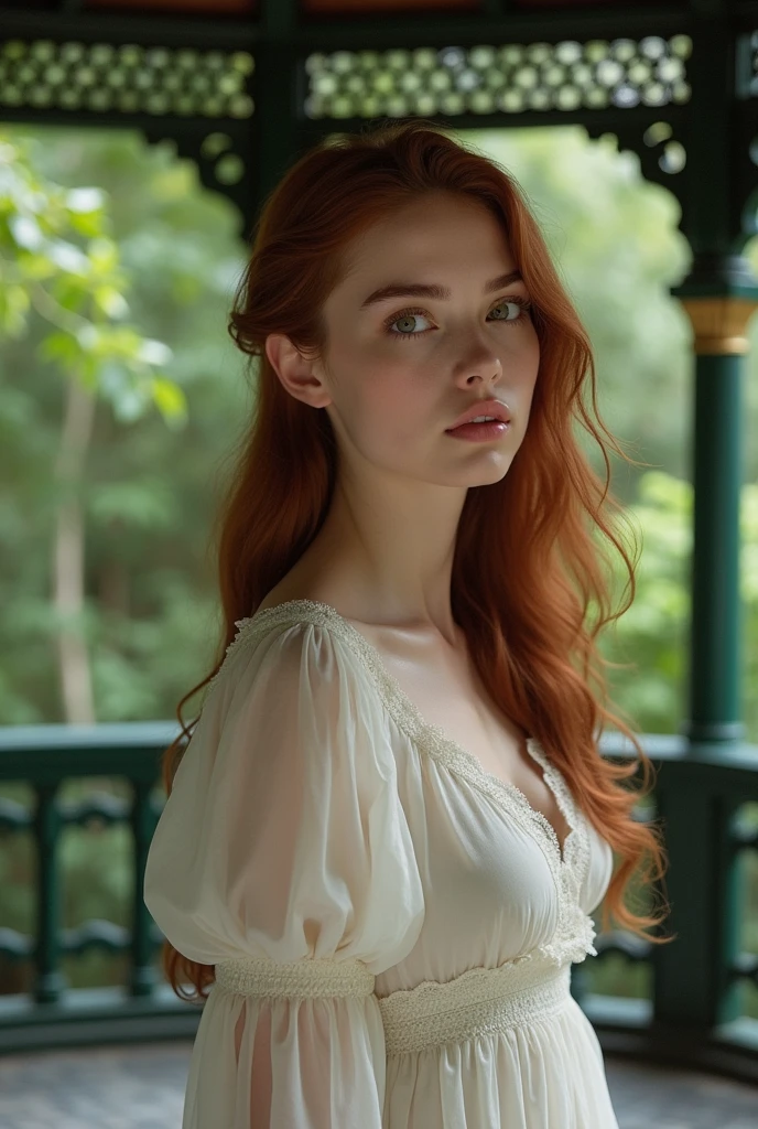 A young redheaded girl, beautiful detailed eyes, beautiful detailed lips, extremely detailed eyes and face, long eyelashes, elegant porcelain skin, intricate hair with radiant red waves, delicate facial features, wearing a flowing white dress, sitting in a lush green garden, surrounded by vibrant flowers, serene atmosphere, natural lighting, (best quality,4k,8k,highres,masterpiece:1.2),ultra-detailed,(realistic,photorealistic,photo-realistic:1.37),portrait,digital art,warm color tones,soft lighting