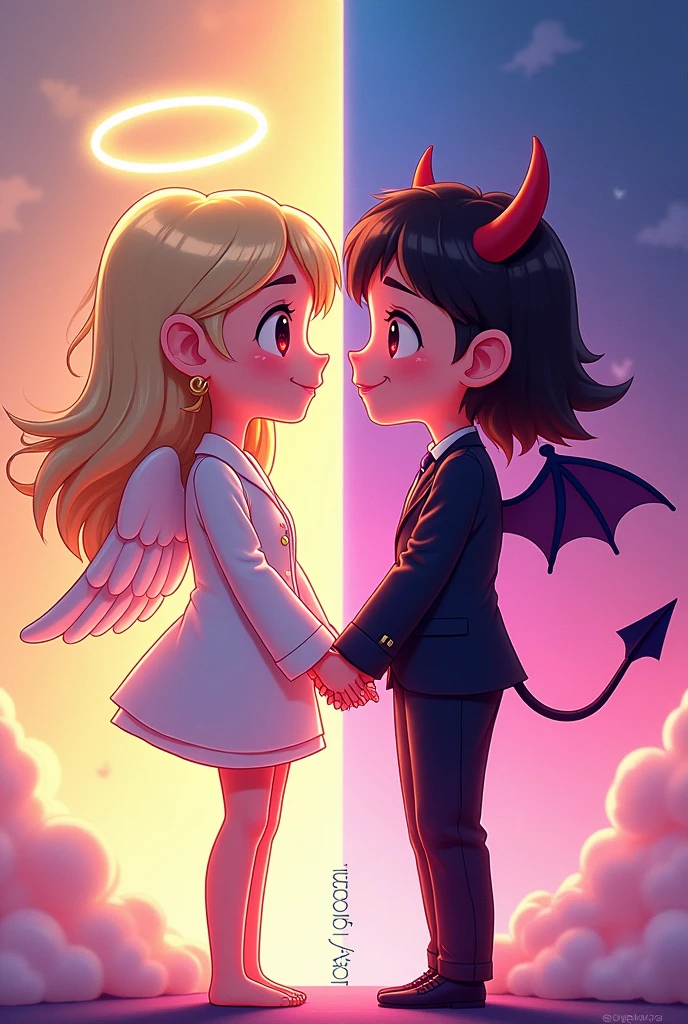Two boys, they are sitting on a golden bench and are kissing. The boy on the left is an angel. He has curly blond hair, blue eyes, fair skin, 2 angel wings, a halo on his head, and is only wearing a white and gold thong. The boy on the right is a demon. He has brown skin, black hair, horns, red eyes, 2 demon wings, and is wearing a gold necklace and gold bracelets. They are only wearing a black thong with red details. They are in a forest at night. They are kissing passionately. The image has to be in anime shota.