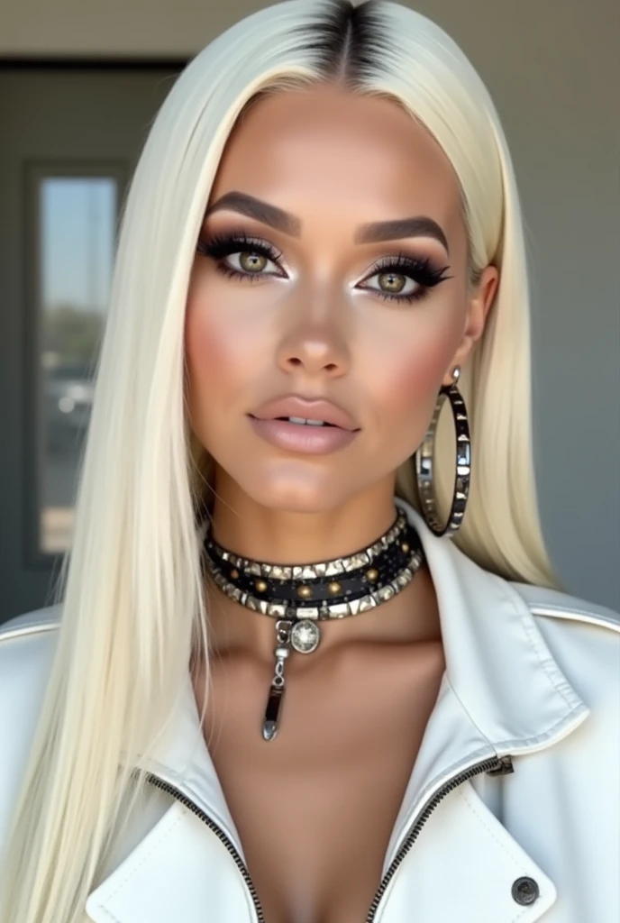Woman with platinum hair, deeply tanned, white tight dress, extremely high heels, thick makeup, huge eyelashes, gigantic hoop earrings