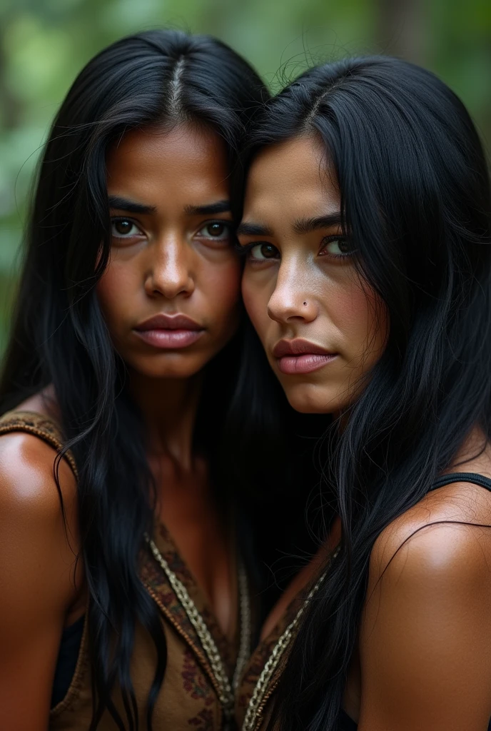 2 native american girls facing each other, chest against chest, beautiful, masterpiece, (photorealistic, masterpiece, raw,:1.4), night scene, dark hair, natural skin texture, happy, freckles