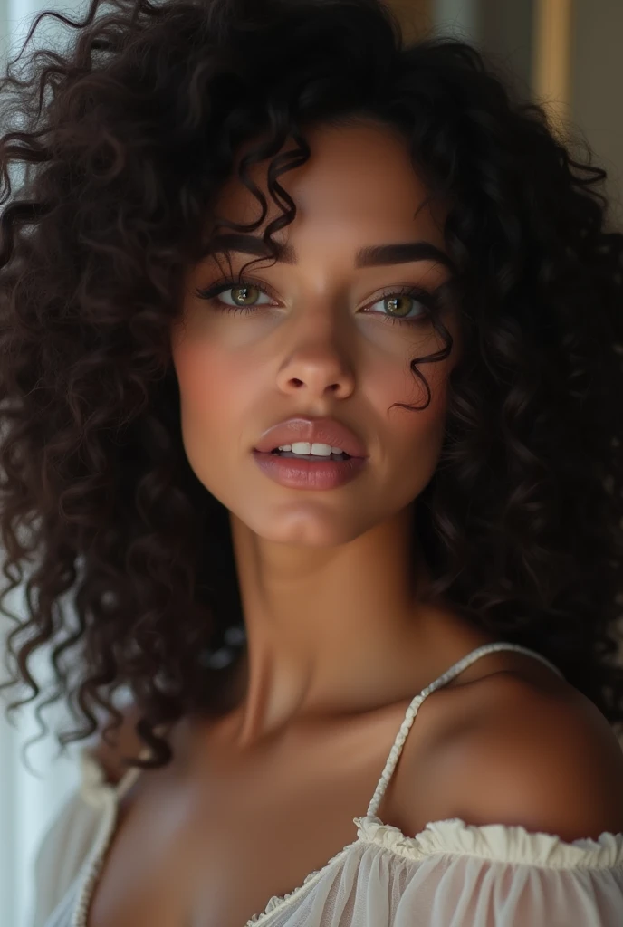OnlyFans model with black, curly hair that falls gracefully, a slender figure, fair skin, and almond-shaped eyes that reflect her Latina heritage. Capture her natural beauty and confidence in an attractive and elegant pose, with lighting that highlights her distinctive features.
