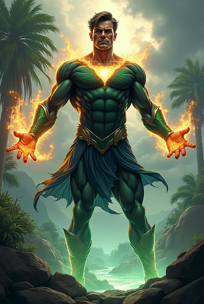 1man, shirtless, martial arts, yellow superhero upper mask, white eye patterns with black outline, muscular, green costume, yellow belt and boots, burning fists, black dragon tatto shapes into a circle, dragon aura, mystical