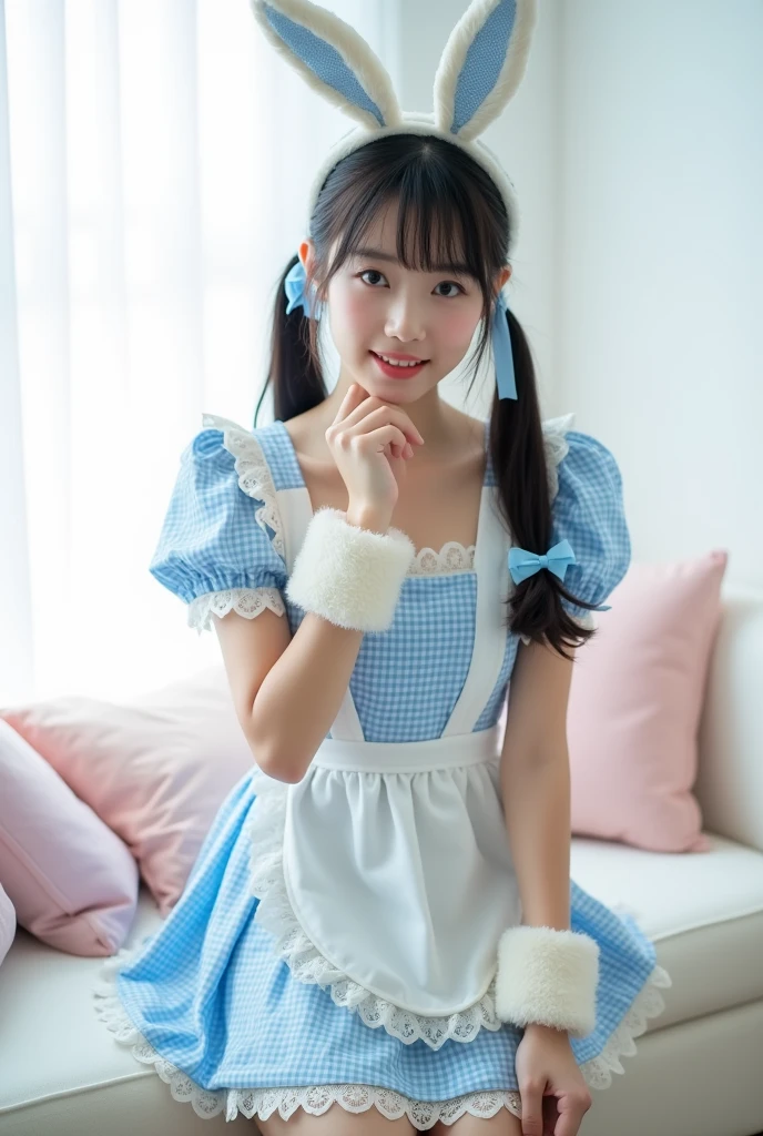A portrait of a young Japanese woman in her 20s, styled in a playful ...