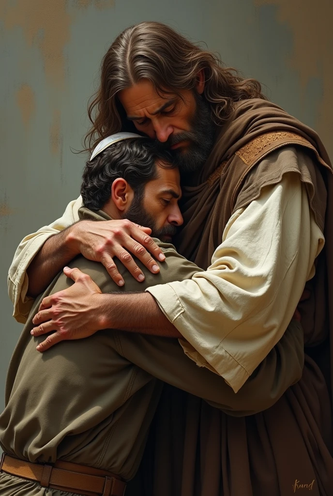 "Create an intimate scene of comfort where a holy figure, their face hidden by a radiant light, embraces an injured man. The figure wears a beige robe and a green shawl, while the injured man, with a bruised face, rests in their arms. The background should be soft, using earthy tones to highlight the divine and serene nature of the encounter."

