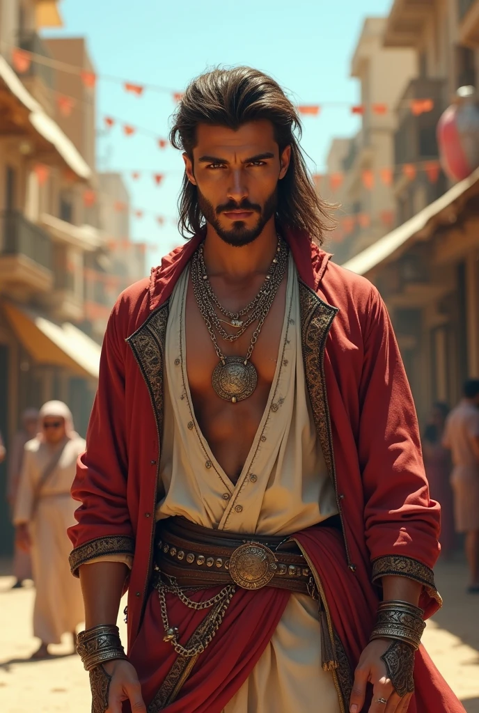 Young handsome cute white skin soft skinny beautiful face shirtless In the Arena decert dressed in golden Arab clothes on a camel