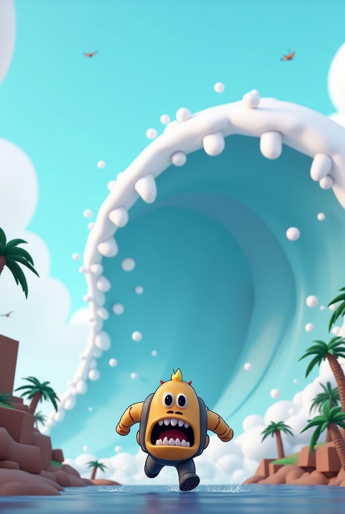 Draw a roblox monster running away from a big sticky white tsunami