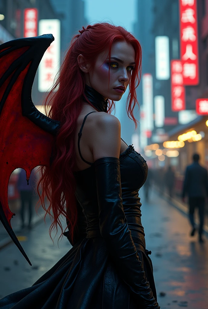 (((Top quality and highly detailed photorealism))),((Vampire Woman: Red Eyes、Very sensual),(Walk gracefully along bustling urban boulevards),(In the moonlight),(a scene from a movie:1.2))