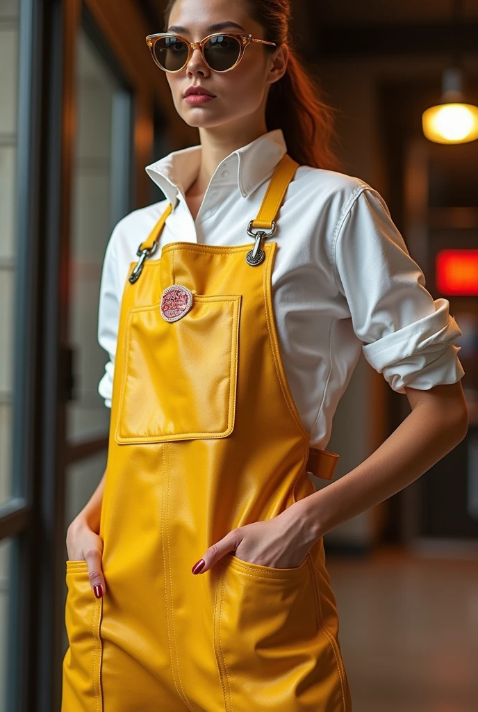 a realistic photograph of beautiful (M36D0n:1.1) woman as a waitress,standing in an ice creme parlor,wearing a yellow apron,holding a tray with ice cream sundae,with a blackboard menu behind her,facing viewer,sexy expression on face,photorealistic,natural lighting,sony a7,35mm,hyperrealistic,hyperdetailed,hyperrealistic,(ambient light),PA7_Portrait-MS,<lora:M36D0n_04A-000002:1.0>,