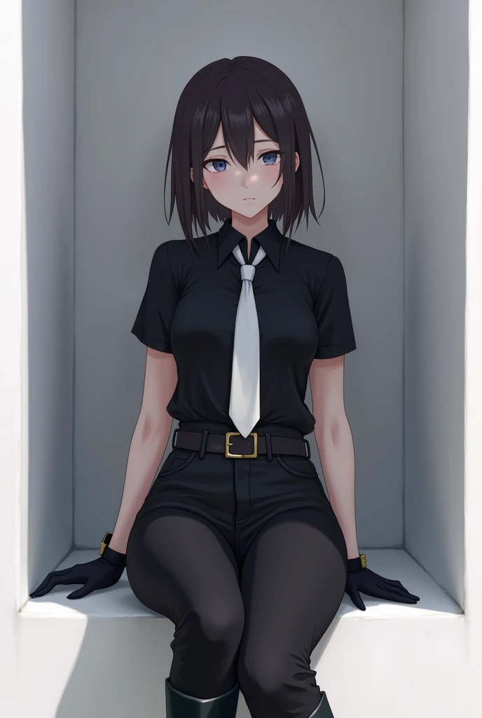 look at viewer、smile、short hair、shirt、black hair、hair between eyes、gem、medium breasts、sitting、clavicle、白shirt、gray hair、boots、parted lips、stripe、belt、pants、artist name、spread your legs、necklace、Black footwear、No bra、makeup、bandage、lipstick、Release the chest、beltのバックル、bandageを巻いた腕、Split color hair、Striped pants、black lips