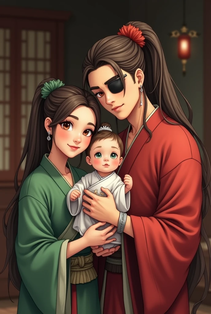 Next to a thatched house，father and daughter and mother，say，Hanfu，Long hair，A 3-year-old girl with a round face wearing a pink Hanfu，whole body，A happy family