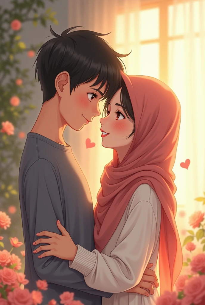 a teen, wearing hijab, kissing a teen boy. anime style