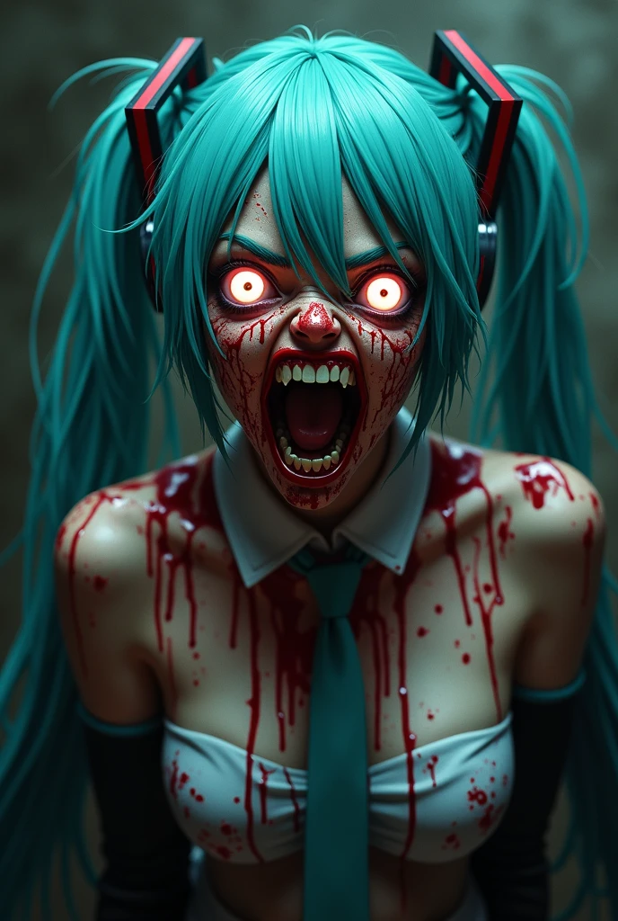 Fully Naked Hatsune, terrified, crying, bleeding, ahegao, gore, zombified,torn apart arm