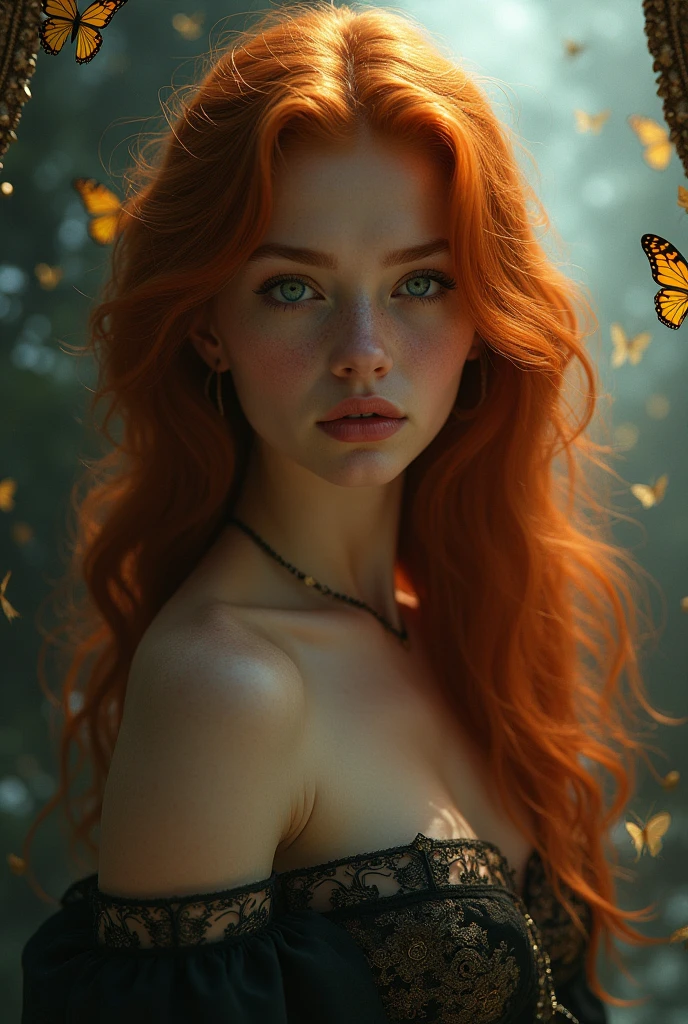 (solo, full body photo:1.3), (action packed:1.3), (haze, fog, mist:1.3), chiaroscuro, best quality, photorealistic, 1woman, (cute), (24yo:1.2), redhead, long ginger hair highly detailed, 1700'S, digital photography, art by artgerm and ruan jia and greg rutkowski surreal painting gold butterfly filigree, broken glass, (masterpiece, sidelighting, finely detailed Fashionable eyes: 1.2) (perfect oval large eyes that gazes at the viewer), beautiful detailed face, blue gorgeous perfect eyes, (blonde hair ponytail), (attractive young woman:1.3), (thick amazing hair), (seductive:1.1), (blushing:1.1)