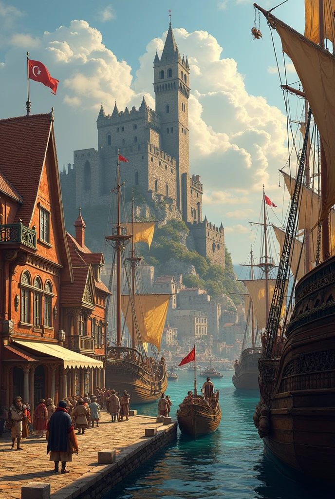 Port of Altamira in the 18th century, the highlight is the ships, the castle and the porch overlooking the king