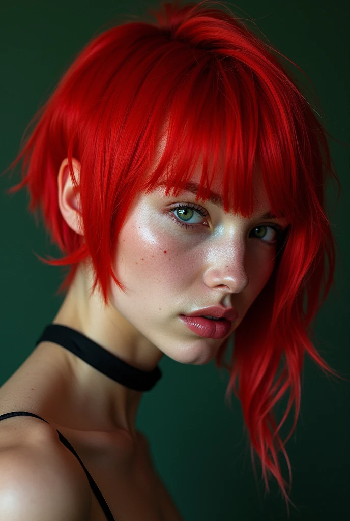 She was a tall and athletic figure with fine curves . His head was covered by intense and saturated red hair . Hairstyle completely to her right side , the bangs fell down to his shoulder covering part of his face . It was in contrast to the left side of his head, which was shaved .
. He had a beautiful and delicate face adorned by some practically imperceptible freckles, that ran down his cheeks passing through a nose sculpted to the millimeter . All this topped off , like icing on a cake , with deep green eyes , who combined with her hair , forged an interesting play of colors .