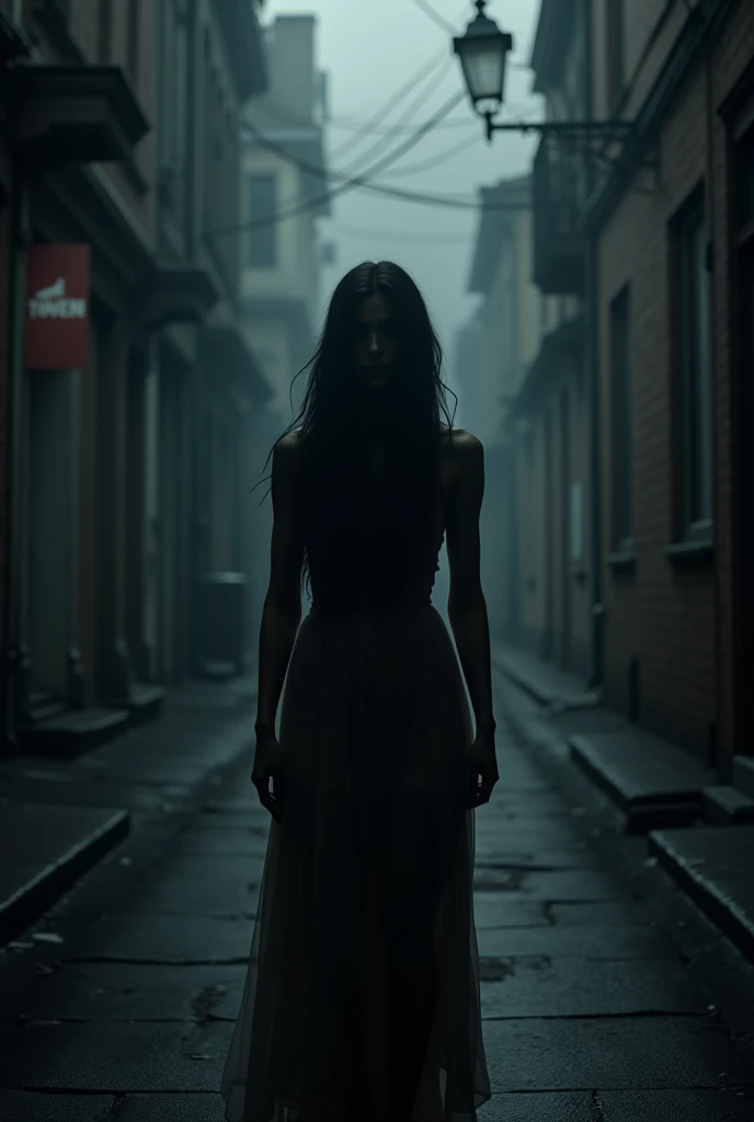 woman, pkmnKaren, karen, long hair, curly hair, wavy hair, very voluminous hair, blue hair, light eyes, blue eyes, wearing black dress, black dress sleeveless. woman with a serious look. woman standing in front of the open door. woman in an alley, dark alley, alley, brick walls, brick, dangerous alley, dark place, dark, night, midnight. open metal door. dark silver metal door open, door open, door opened, the door is open.