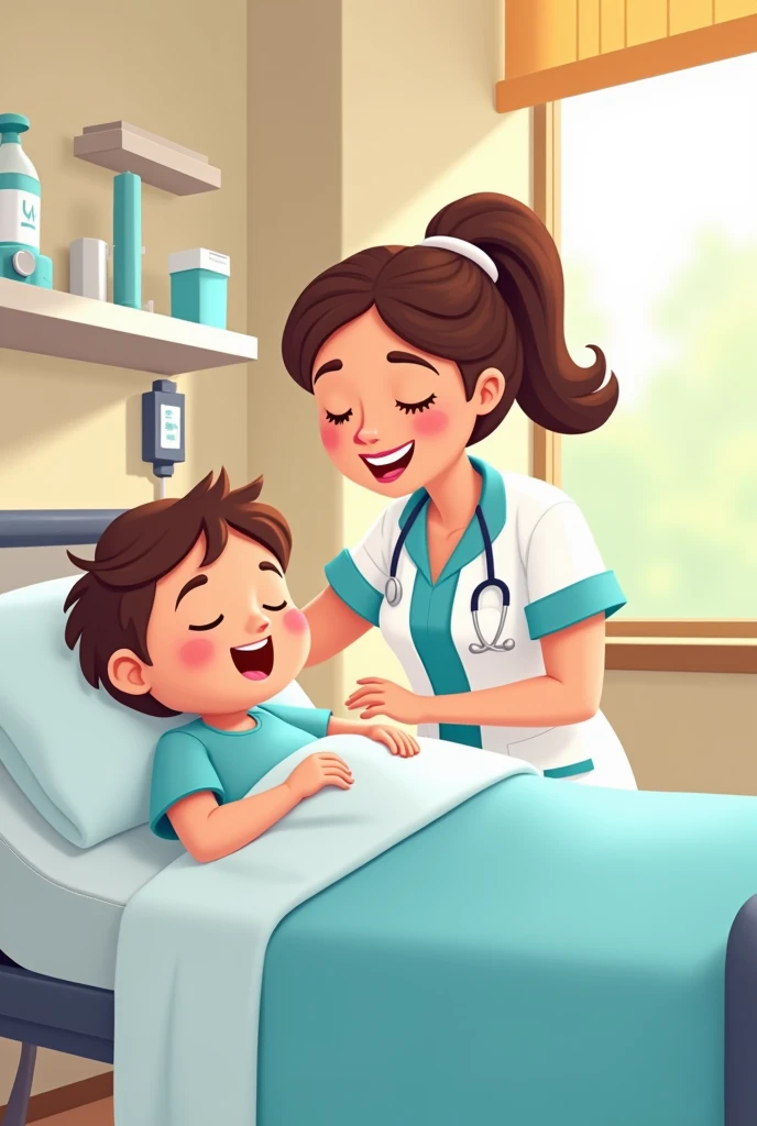 I am looking for an illustration of a student placing warm, wet cloths on the child's forehead, wrists, and neck to help reduce temperature drinking water in a school setting Drawing style: Modern and vector, with smooth, clean lines, and vibrant colors. Cartoonish but realistic. Color: Using a palette of bright and contrasting colors that are pleasant and eye-catching. FORMAT: Illustrations arranged in a book or manual style. This illustration is intended for a guidance and training manual, so it must be clear, accessible and visually appealing."