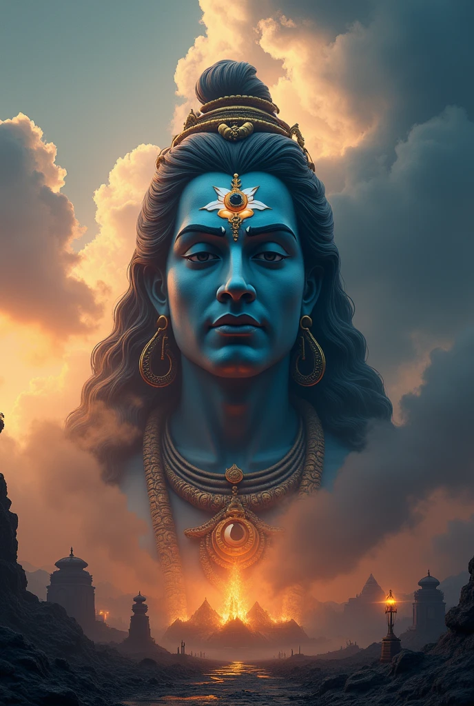 (photorealism:1.2), Create a stunning and dramatic scene featuring a massive face statue of Shivji, inspired by the grandeur of Ujjain Mahakal. The statue should exude divine power and serenity, with intricate carvings on the forehead, matted locks adorned with flowing Ganga, a crescent moon, and a third eye glowing faintly. Surround the statue with a mystical cloud of bhusm (holy ash) swirling in the air, illuminated by rays of golden and bluish-white light. The setting should have a cinematic backdrop, with a dusky sky tinged with deep orange and purple hues, stormy clouds adding a dramatic atmosphere, and silhouettes of distant mountains and temple spires. The statue's lighting should emphasize its contours, casting shadows that enhance its divine presence. Add subtle details like tridents, rudraksha beads, and faintly glowing serpents coiling near the base. Ensure the environment conveys a sense of divine reverence, power, and tranquility."
