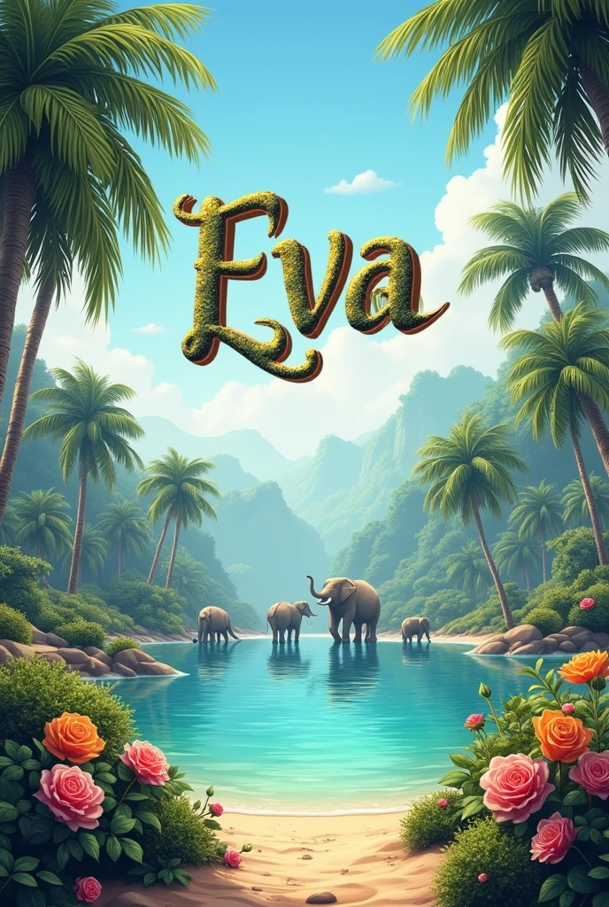 make a 3d image of the word "ERLINA", white letters on the wings, flower, Park, and the background has a clean beach Palm trees swaying gently in the warm breeze, cloud, producing long shadows on the sand. Realistic and very high-quality 3D image