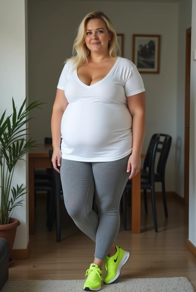 40 years old white Caucasian fat woman walking outside, summer, night time, Mississippi, Gulfport, long straight slicked blonde hair, casually and daily dressed, big hips, thick thighs, casual clothed, natural huge saggy older woman breasts, selfie, no makeup, messy hair, morning face, chubby, see through, transparent t-shirt, no bra underneath, sad, sweaty , sweaty chest, wet breasts, big brown nipples, leggings pants, you can see the nipples through the tshirt, cleavage, Full Body Shot, From Above View, High Angle View, selfie, serious, pants